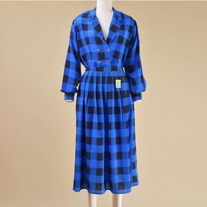 Vintage 80s Silk Blouse and Skirt Set Blue and Black Buffalo Plaid Two Piece S